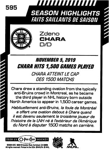 2020-21 O-PEE-CHEE хокеј кратко печатење 595 zdeno chara boston bruins сезона Означете ја официјалната картичка за тргување со OPC од