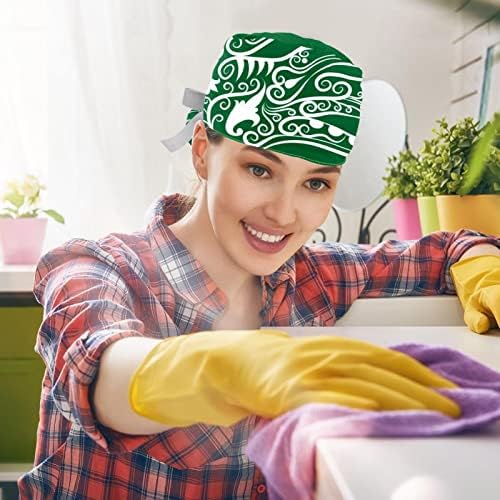 2 парчиња медицинска сестра за чистење капаци жени долга коса, медуза зелена прилагодлива работна капа со копче и џемпер -лента