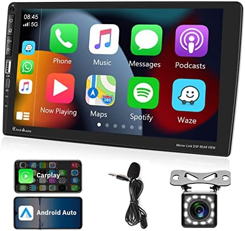 Единечен Din Car Stereo Apple CarPlay Android Auto, Podofo 9-инчен екран на допир Bluetooth Car Radio со резервна камера FM радио, Android/IOS