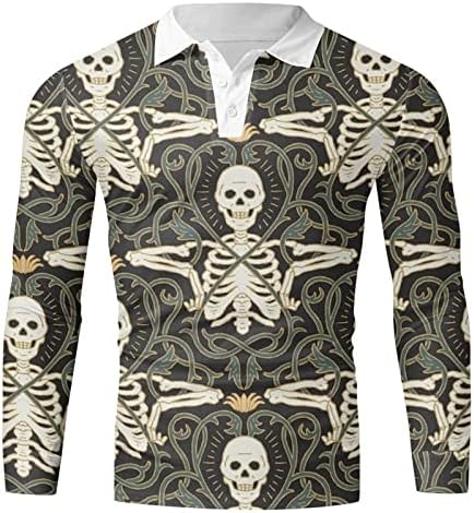 XXBR Ноќта на вештерките Поло кошули за мажи, смешен графички скелет со долг ракав тиква Хенли копче за забава тенок фит мускулен кошула