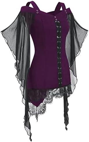Womenените секси готски кошули, женски ракав на пеперутка ладна рамо на блузи врвови од мрежи за зашивање корсет за Ноќта на вештерките