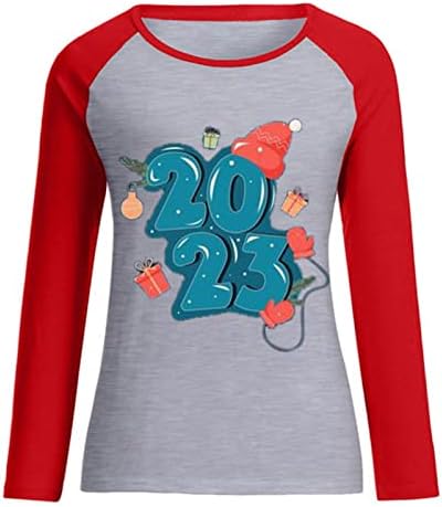 2023 Новогодишна Забава Туника Блузи За Жени Обични Кошули Со Долги Ракави Празнични Маици Блок Во Боја Дуксер На Екипажот