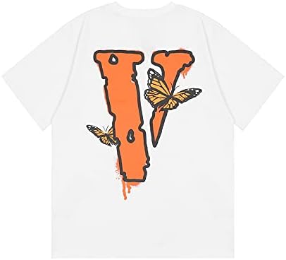 Машка кошула со хип-хоп-хоп-хоп голема v буква печати памучна мода лабава двојка екипаж на врвни маици со пеперутка, бели, средни
