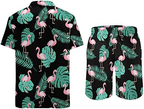 Weedkeycat симпатична ретро Фламинго машка облека за плажа 2 парчиња Хавајски копче надолу со кошула Краток ракав и шорцеви за багажници