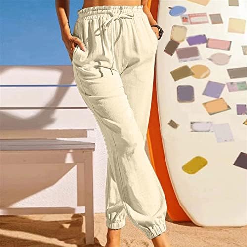 Памучни постелнини панталони за жени, фустани обични широки нозе лабави вклопување капри летни трендовски панталони за џогер за жени