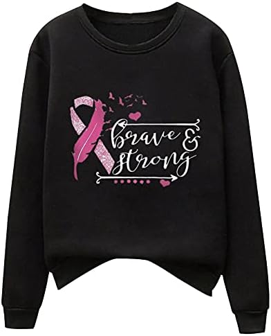 Розова лента за рак на дојка за рак на дојка за жени, графички маици за надеж и поддршка на необични врвови за џемпери со долг ракав