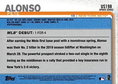 2019 година Ажурирање на Бејзбол US198 Pete Alonso Rookie Debit Card - Добива 1 хит во дебито на мајорската лига на 28 март