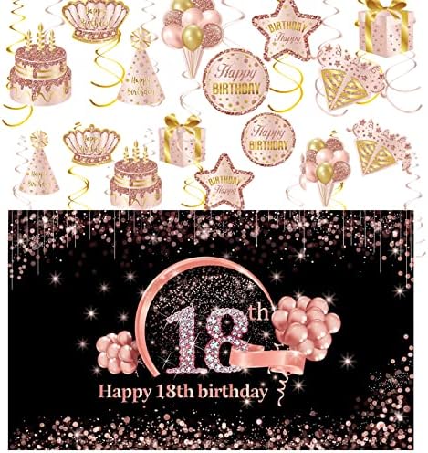 18 -ти роденденски банер за позадини и висечки украси за девојчиња, 18 -годишни материјали за роденденска забава, розово злато и розово