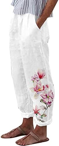 Zdferенски летен цветен принт на летни цвеќиња обични лабави памучни постелнини панталони еластични панталони со панталони со џебови со џебови