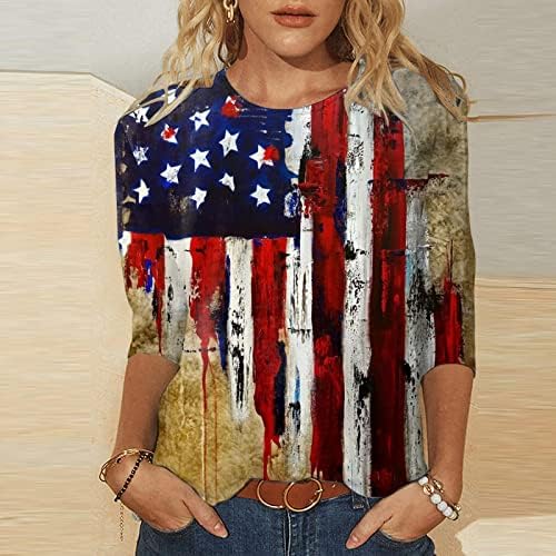 ДОПОКК кошули за жени Класик 3/4 ракав маица плус големина паб лето американско знаме удобно лажичка руширани маички блузи