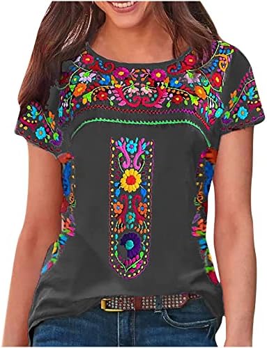 Женски мексикански гроздобер маици кошули западен етнички стил бохо цветни печатени врвови летни блузи со кратки ракави туники