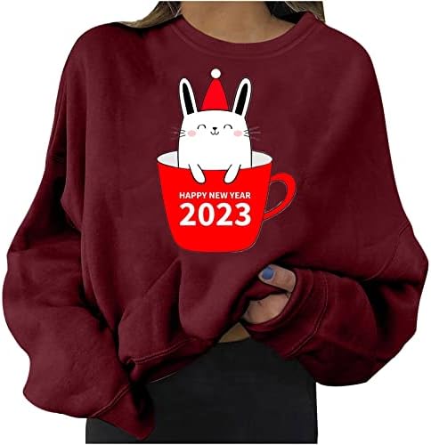 Среќна нова година џемпер за жени Симпатична зајаче стакло печати пулвер кошула модна екипаж преголема блуза лабава врвови