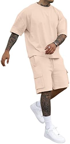 Аулименски машки 2 парчиња кошула поставени тренерки за обични кратки ракави за летни спортски облеки за мажи со карго џеб