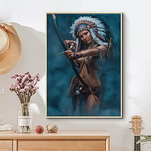 Домородно американско платно wallидна уметност - Американска индиска девојка жена глава со пердуви за уметност платно отпечатоци за