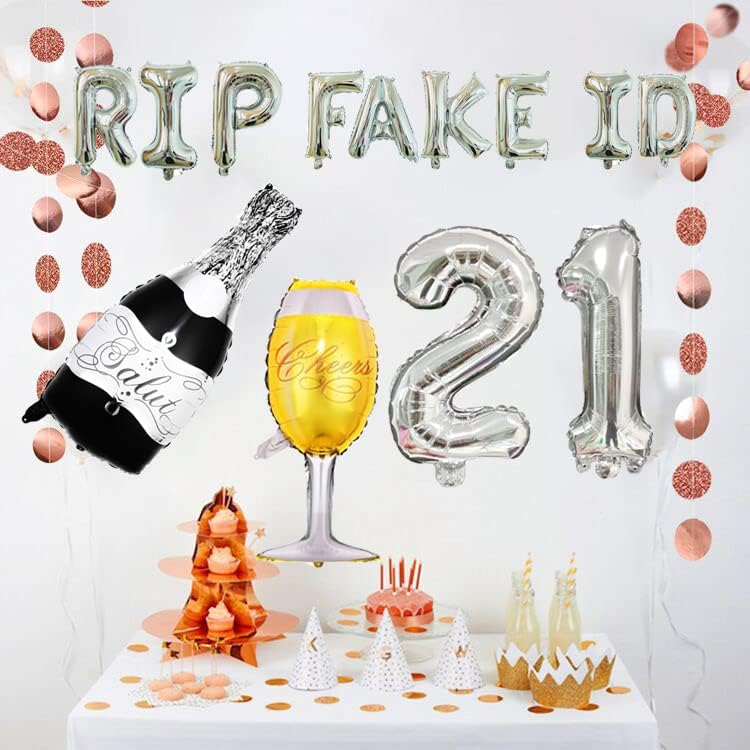 Кунгун 21 -ви роденденски украси за девојка, сребрена рип лажна лична карта 21 -та роденденска забава, конечно 21 украси за
