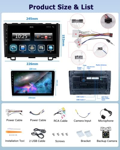За Honda CRV 2007-2011 CAR Radio, Hikity Car Stereo со Apple CarPlay Android Auto Mirror Link, 9-инчен екран на допир со автомобил со екран на допир со Bluetooth резервна камера FM Dual USB влез