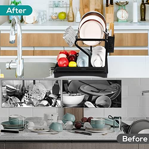 Rack Rack Shating за сушење на садови за садови, 2 нивоа на чистачи за кујни за кујнски шалтер, Rustproof за сушење решетката за кујнски бројач, отстранлив од 360 °, држач за чаши, д?
