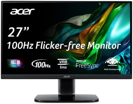 Acer KB272 Hbi 27 Целосна HD Нула-Рамка Игри Канцеларија Монитор | Amd FreeSync Технологија | 100Hz | 1ms | Ниско Сино Светло | Наклон | HDMI &засилувач; VGA Пристаништа