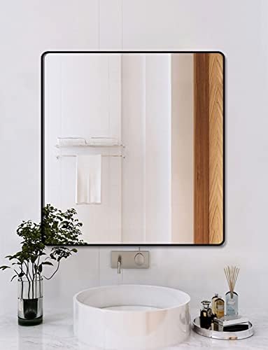 Огледало за бања - 36х36 Инчи Огледало За Бања, Модерно Заоблено Огледало Со Правоаголник, Калено Стакло Отпорно На Кршење, Огледало