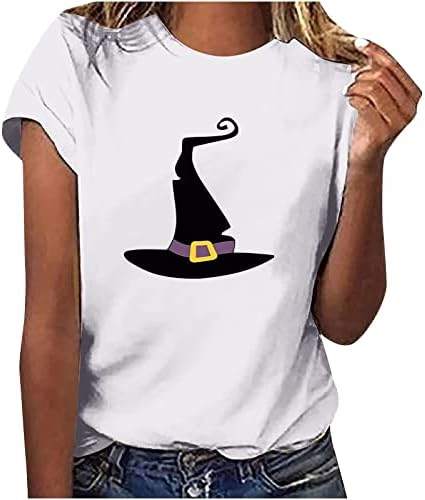 Narhbrg кошула за жени маичка за кратки ракави за Ноќта на вештерките, симпатична вештерка капа, графички пад на врвови, обични лабави погодни