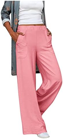 Panенски панталони трендовски цврста боја памучна постелнина еластична половината лабава широка панталони за нозе Обичен бизнис
