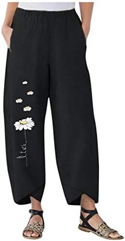 Памучни памучни постелнини, еластични високи половини широки нозе палацо капри должина удобна маргаритка со исечени панталони
