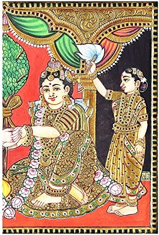 Егзотична Индија 21 x 17 Лорд Кришна и Рада Танјоре сликање | Традиционални бои со 24к злато | Teakwood Fram