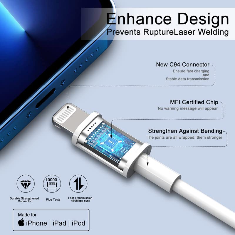 5PACK 6FT 20W Apple USB C до молња Кабел Тип Ц Брзо полнење кабел 【Apple MFI Сертифициран】 USB -C iPhone 13 Брз полнач за полнач за iPhone