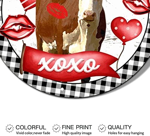Тркалезни метални знаци на венец на Денот на вineубените, фарма крава, цитат за бакнување на штанд xoxo црвени усни биволи карирани калај