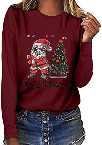 Маици со долг ракав со жени грди санта печати пулвер врвови елка графички маици кошули случајни џемпери Божиќ