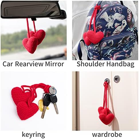 2 парчиња симпатична капчиња за срцев автомобил што виси додатоци за репродукција на автомобили Mirrior декор, рачно изработено плетено црвен декор
