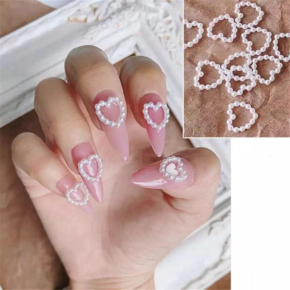 100 парчиња бисери со бело срце, привлечности за нокти Акрилни бисери 3Д нокти уметнички шарми за маникир DIY занаетчиски накит облека
