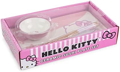 Sanrio Hello Kitty Pink 3-парчиња керамички суши плоча поставена со чинија сос од соја и дрвени стапчиња за јадење | Јапонски