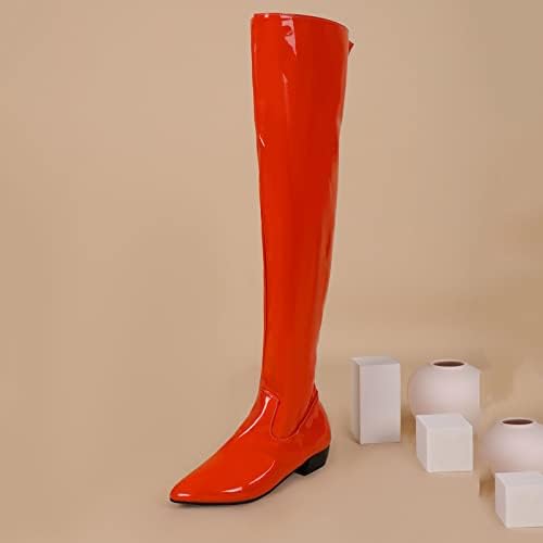 HCJKDU Women'sенски над коленото високи чизми за есен/зимска мода бонбони боја PU чевли Страна патент со ниска потпетица зашилени