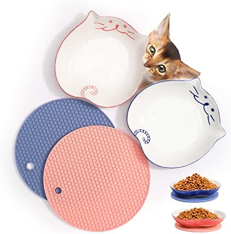 Thaigex 2+2 Керамички јадења со храна со мачки, мачки влажни садови за храна, кои се хранат со широки чинии до стресно олеснување на замор на мустаќи, мачки плочи, плитки ?