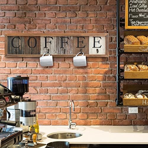 Hbcy Creations Cafe Cign држач со печатено цврсто дрво знак за кафе, 6 куки за чаши за кафе со дрвен дисплеј за кригла и организатор