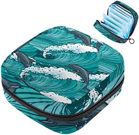 Санитарна торба за складирање на салфетки, торба за период, торба со тампон, торба за шминка, акварел делфин морски бранови сина шема