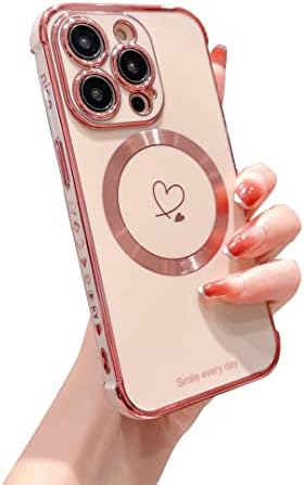 Хосгор Компатибилен Со magsafe iPhone 14 Pro Max Случај Безжично Полнење, Луксузни Позлата Срцето Камера Дизајн Заштита На
