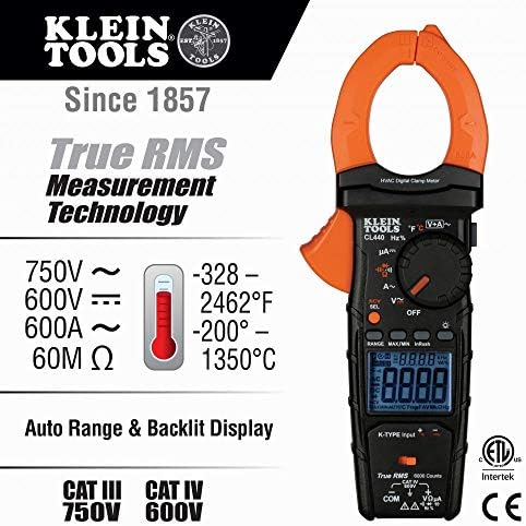 Klein Tools CL440 метар за стегање, мерач на HVAC со TRMS тестови AC/DC напон, струја на AC, температура, DC микро засилувачи, повеќе