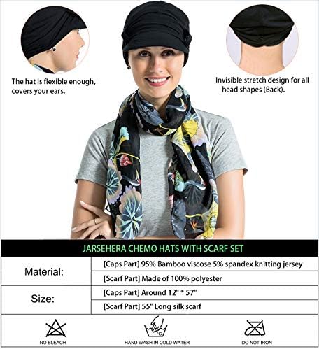 Jarsehera хемо -капи за жени бамбус памук наредени капачиња за вести со шамија со двојна јамка за опаѓање на косата од карцином