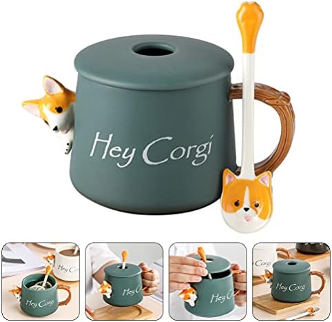 Doitool керамичко кафе чај чај млеко чаша со капак и лажица цртан филм Корги во форма на кригла животинска шема сок за сок за домашна канцеларија