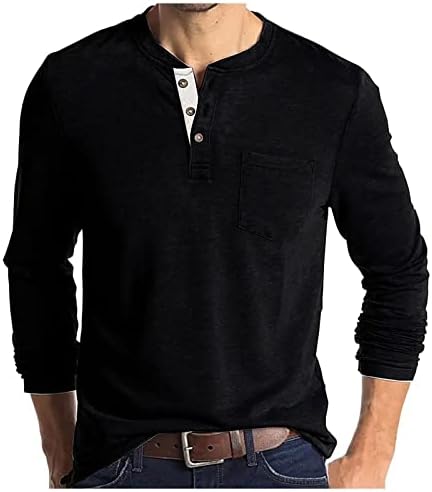 Менс мода Хенли кошули, долги ракави со цврста боја на екипажот на маицата надолу во пулвер, обични врвови, џемпери за маички