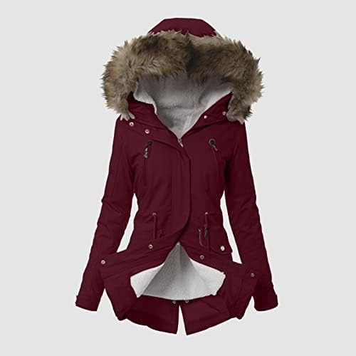 Womenените плус големина Зимски палто со долги ракави јакна топла качулка со дебела плоча од надворешна облека, јакна од кордорои, жени