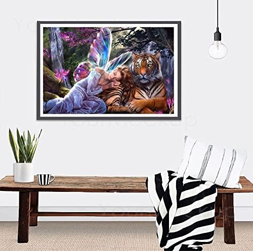 Фегага 5д Ангел и тигар Дијамантски комплети за сликање за возрасни животни и убавини Дијамантски уметнички комплети за возрасни