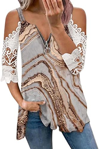 Lmdudan ладно рамо врвови за жени половина патент со кратки ракави маички маички трендовски мермерни печати v вратот проточен блузи пуловер