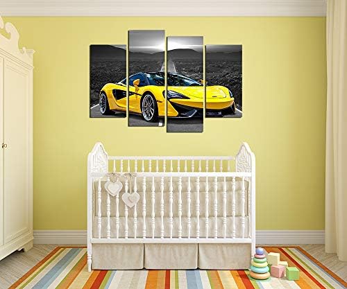 Црн и бел wallиден уметник постер 4 парчиња жолт спортски автомобил голем платно уметност слики за момчиња соба спална соба дневна