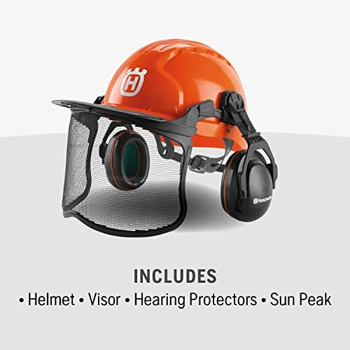 Husqvarna 592752602 Шлемот со моторна пила со метални мрежни штит за лице, прилагодливи ушни мафини за заштита на слухот и Сонцето на Сонцето,