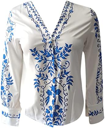 Womenенски моден национален стил печатен V врат Обичен кошула со долги ракави женски кратки ракави памучни врвови
