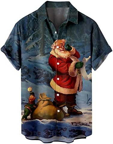 XXBR Божиќни кошули со краток ракав за мажи, Xmas Дедо Мраз копче за печатење надолу надолу од јака од врвови дома, домашна кошула,