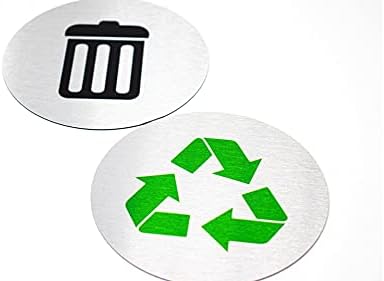 5.5 Круг, Метал Ѓубре &засилувач; Рециклирање Знаци | Сет на 2 ѓубре &засилувач; Корпа За Рециклирање Маркери | Четкани Сребро Алуминиум Знаци